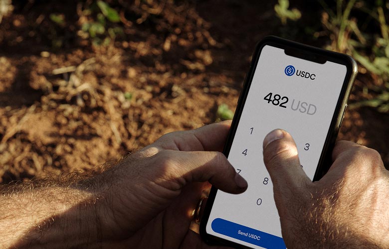 Photo of someone using an app to send USDC