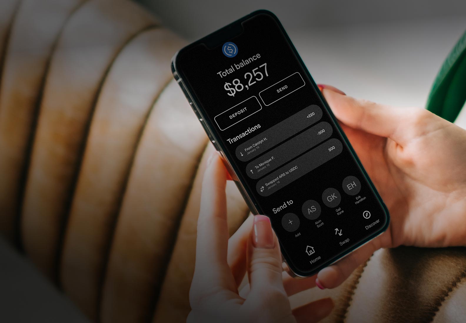 Image of a phone screen with a USDC balance